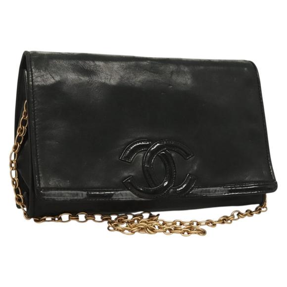CHANEL COCO Mark Chain Shoulder Bag Lamb Skin Black Gold CC Auth 131983 - Picture 1 of 16